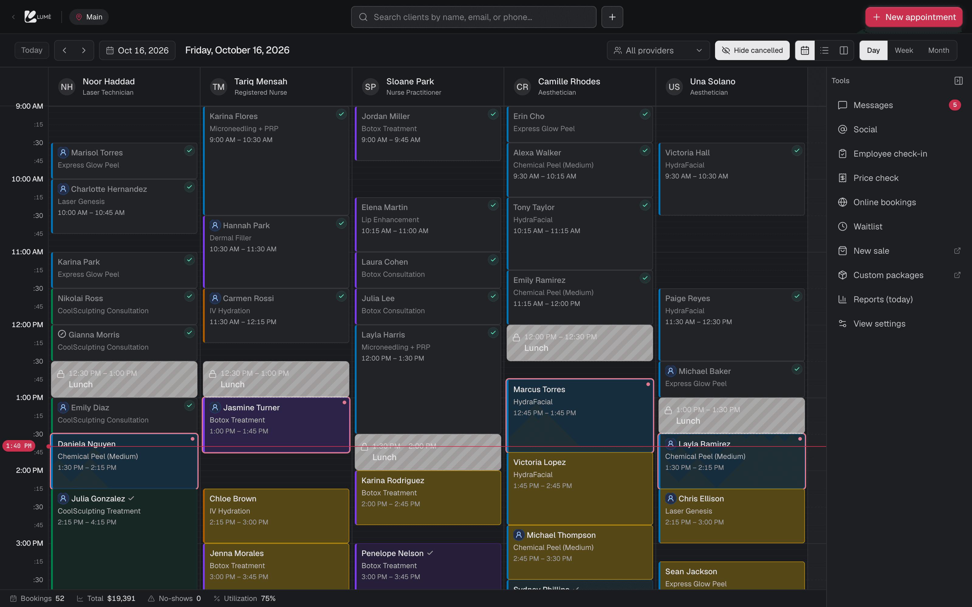 The Lumè calendar: a day of appointments across five providers