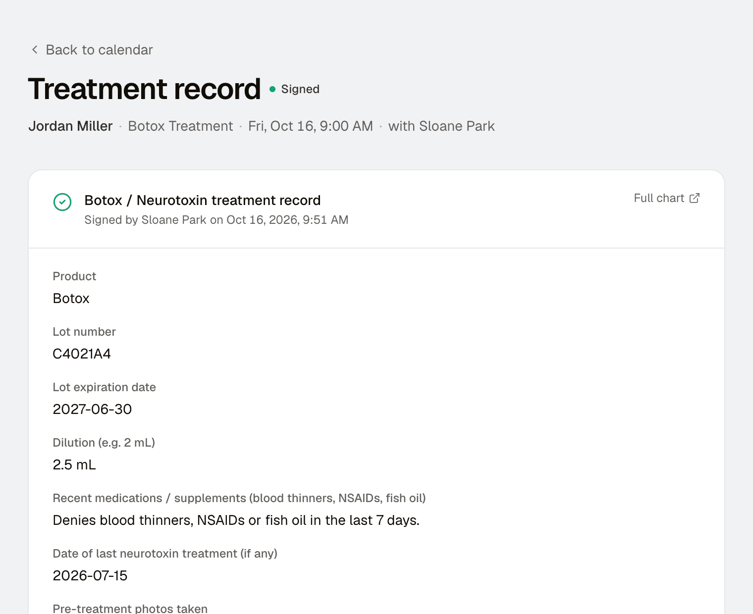 A neurotoxin treatment record with injection areas, product and lot