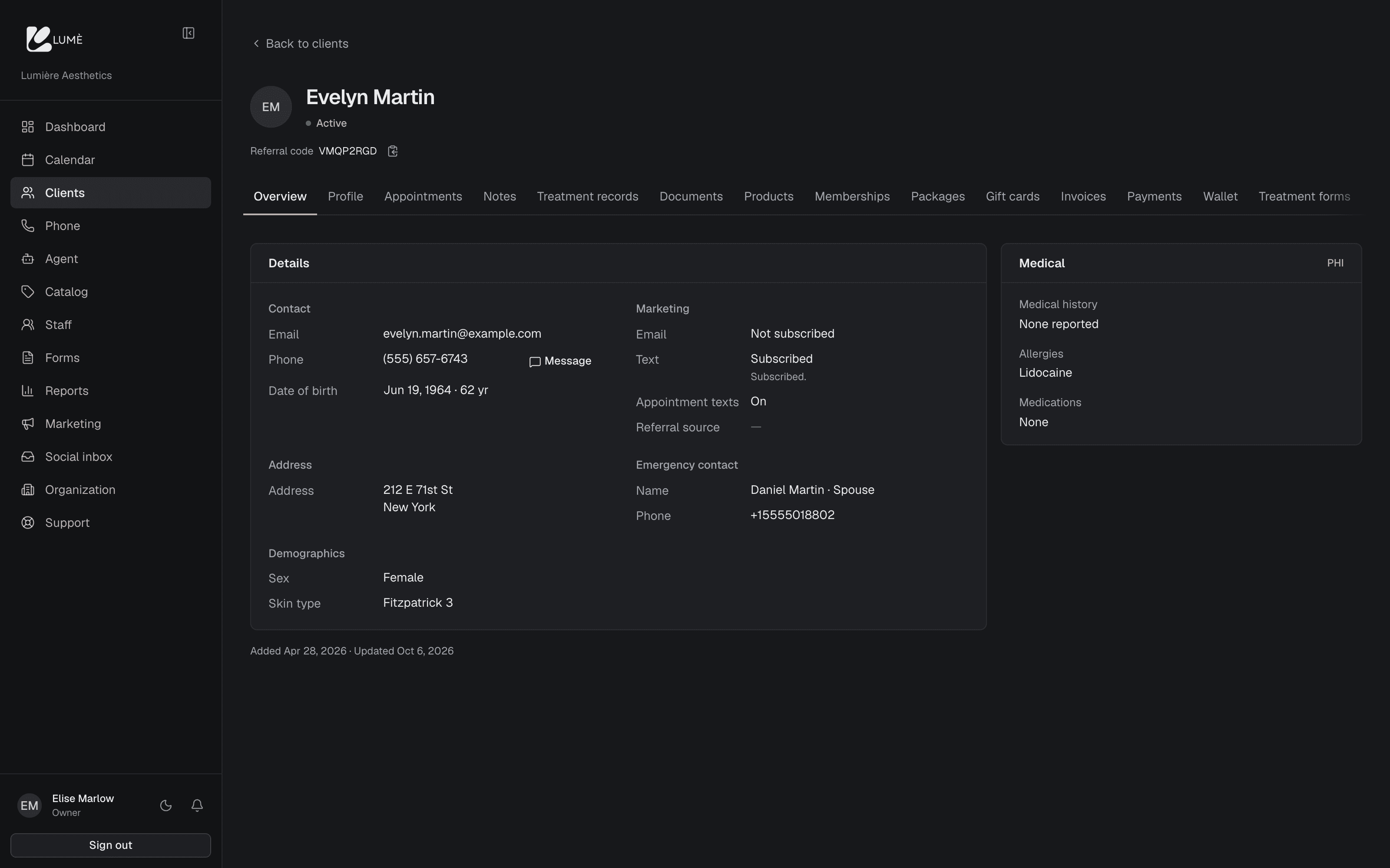 A client profile with visits, forms and payments